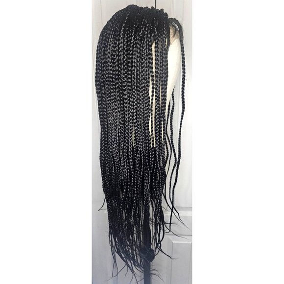 28 inch Long Boxed Braided Synthetic Wig Full Double Lace Black Braids HD Front - Picture 4 of 8